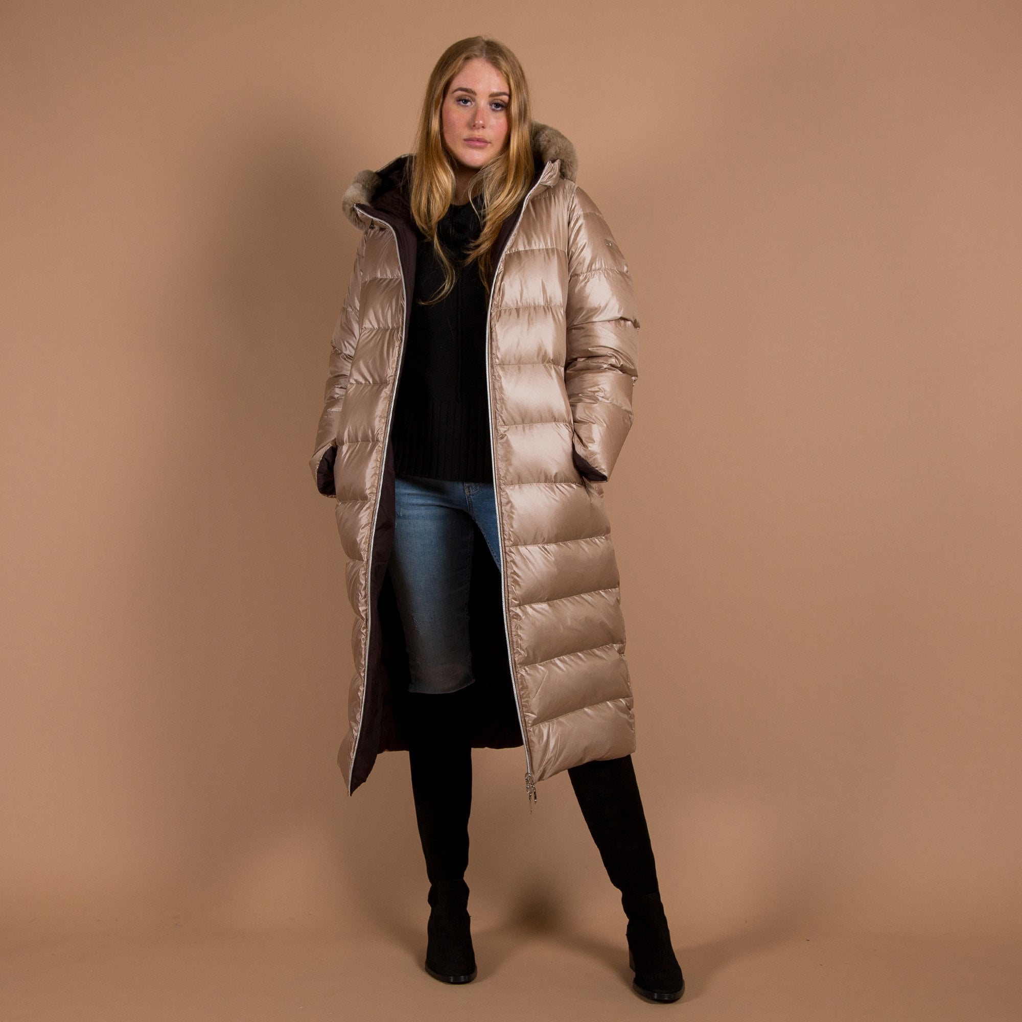 Diego Long Shiny Reversible Puffa Coat With Fur Trim Camel brown